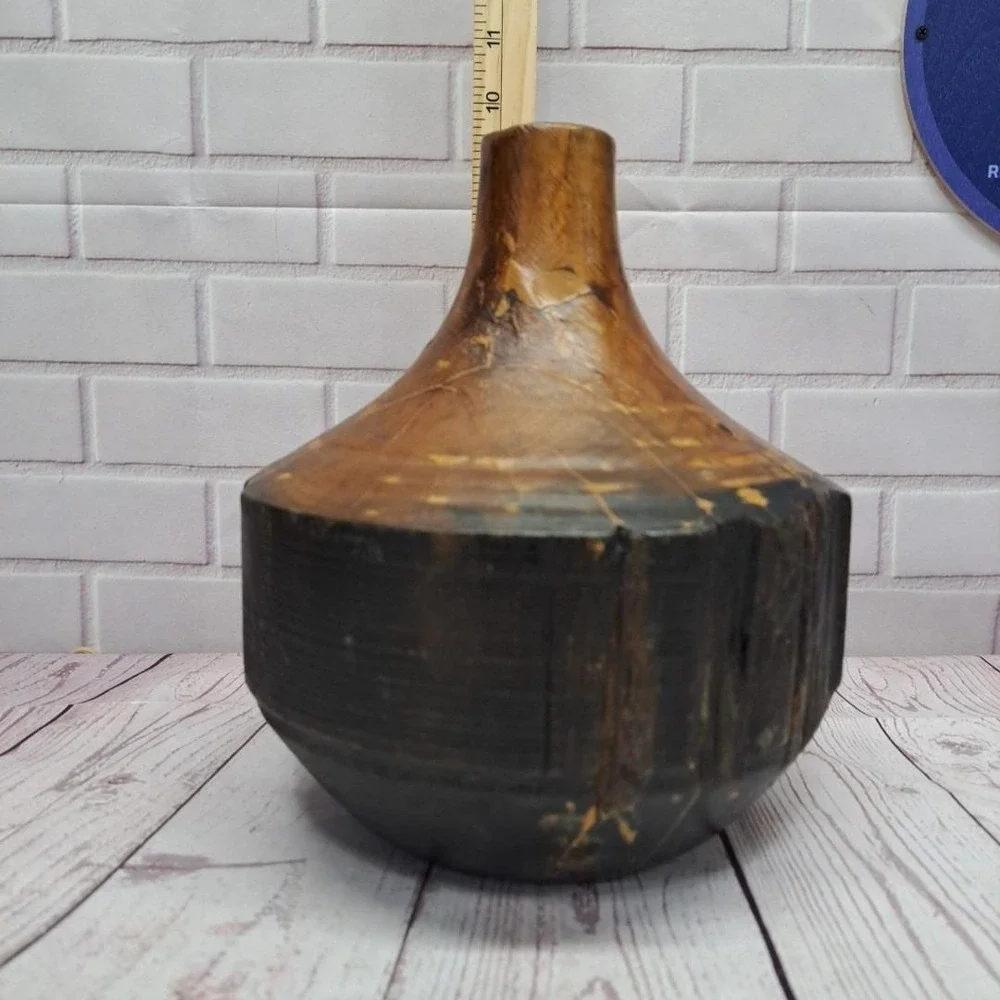 VTG Live Edge Sculptural Solid Wood Vessel Vase Weedpot Home Decor, 9in Tall